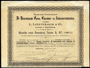 De Nederlandsche Cacao, Chocolade- en Suikerwerkfabrieken voorheen L. Leestemaker & Co. N.V., Bewijs van aandeel, Serie B, 1000 Gulden, August 1898