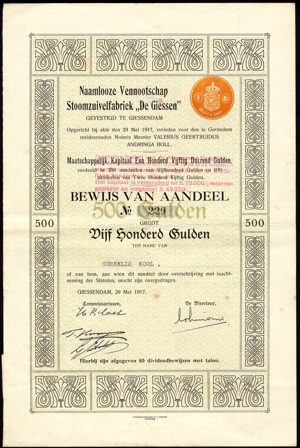 Stoomzuivelfabriek "De Giessen" N.V., Bewijs van aandeel, 500 Gulden, 29 May 1917