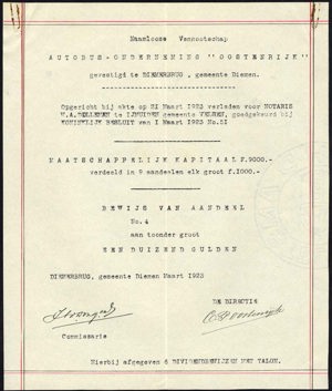 Nederland, Autobus-Onderneming "Oostenrijk" N.V., Bewijs van aandeel, 1000 Gulden, March 1923