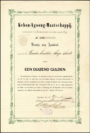 Kebon-Agoong-Maatschappij, Bewijs van aandeel, 1000 Gulden, 1 December 1874