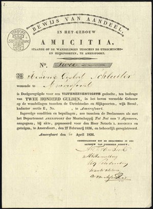 Gebouw Amicitia, Bewijs van aandeel, 200 Gulden, 30 April 1836