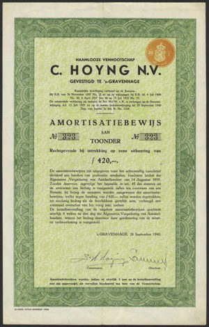 C. Hoyng, Plateelfabriek N.V., Amortisatiebewijs, 420 Gulden, 28 September 1940