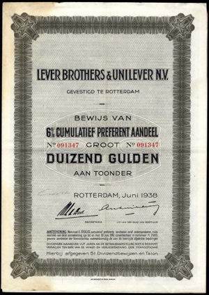 Lever Brothers & Unilever N.V., Bewijs van 6% Cumulatief Preferent aandeel, 1000 Gulden, Juni 1938