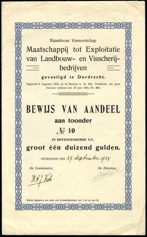 Maatschappij tot Exploitatie van landbouw- en Visscherij-bedrijven N.V., Bewijs van aandeel, 1000 Gulden, 29 September 1934