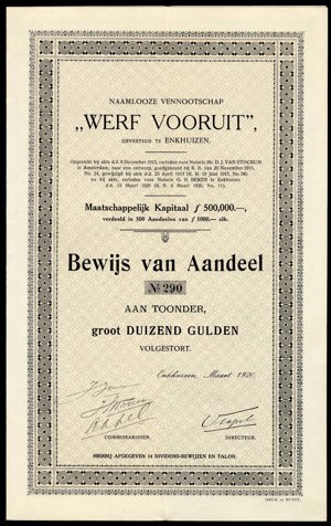 Werf Vooruit N.V., Bewijs van aandeel, 1000 Gulden, March 1921