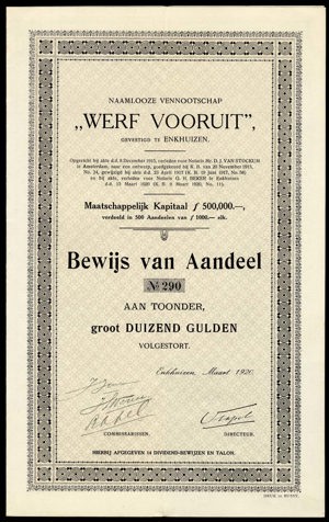 Nederland, Werf Vooruit N.V., Bewijs van aandeel, 1000 Gulden, March 1921