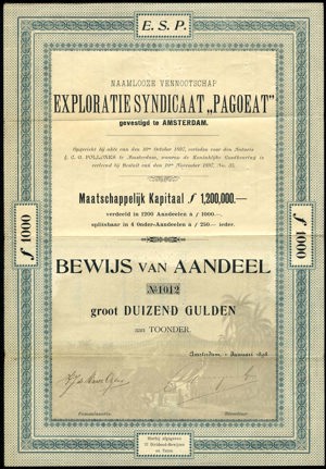 Exploratie Syndicaat "Pagoeat" N.V., Bewijs van aandeel, 1000 Gulden, 1 January 1898