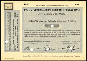 Nederlandsch-Indie, 4,5% lening 1923E, Recepis voor een schuldbewijs, 1000 Gulden, 1 April 1930, PROOF