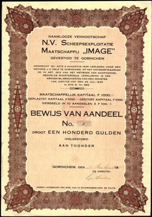 Scheepsexploitatie Maatschappij "Image" N.V., Bewijs van aandeel, 100 Gulden, 20 September 1935, No. 1