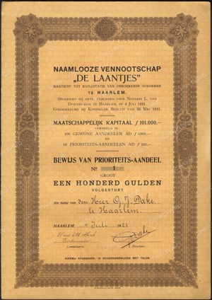 Nederland, Maatschappij tot Exploitatie van Onroerende Goederen "De Laantjes" NV, Bewijs van prioriteits-aandeel, 100 Gulden, 4 Juli 1921, No 1