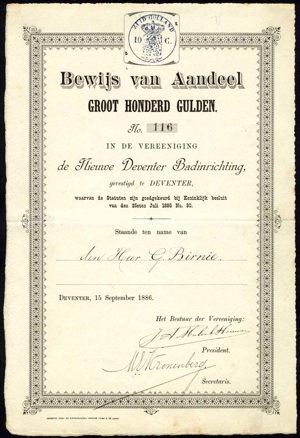 Vereeniging de Nieuwe Deventer Badinrichting, Bewijs van aandeel, 100 Gulden, 15 September 1886