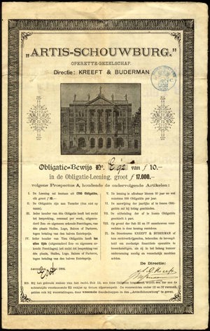 Artis Schouwburg, Operette-gezelschap, Obligatie-bewijs, 10 Gulden, Mei 1892