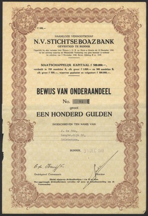 Stichtse Boaz Bank N.V., Bewijs van onderaandeel E, 100 Gulden, 31 December 1948, No. 1