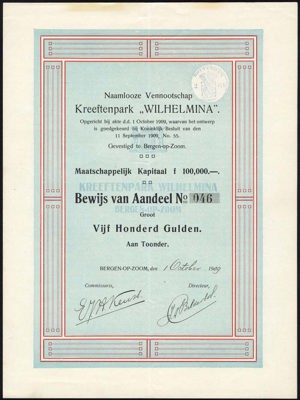 Kreeftenpark "Wilhelmina" N.V., Bewijs van aandeel, 500 Gulden, 1 October 1909