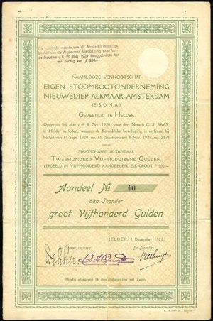 Nederland, Eigen Stoombootonderneming Nieuwerdiep-Alkmaar-Amsterdam N.V., Aandeel, 500 Gulden, 1 December 1920