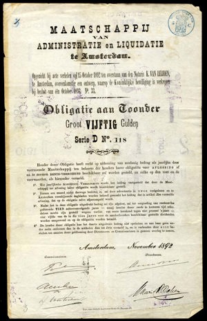 Maatschappij van Administratie en Liquidatie, Obligatie aan toonder, 50 Gulden, November 1892