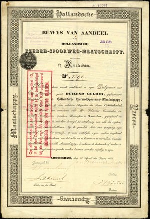Hollandsche IJzeren-Spoorweg-Maatschappij, Bewijs van aandeel, 1000 Gulden, 20 April 1866