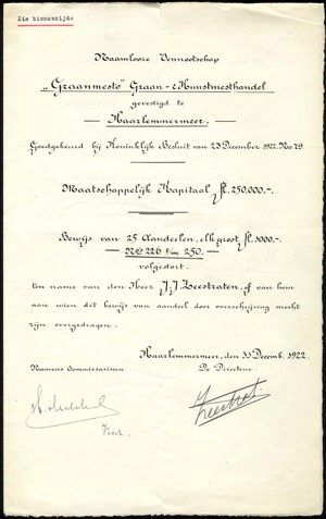 Nederland, Graanmesto, Graan- en Kunstmesthandel, Bewijs van 25 aandelen, 25,000 Gulden, 31 December 1922