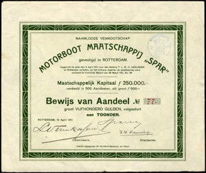 Motorboot Maatschappij "Spar" N.V., Bewijs van aandeel, 500 Gulden, 10 April 1911