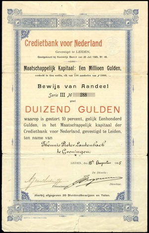 Credietbank voor Nederland, Bewijs van aandeel, 1000 Gulden, 18 August 1905