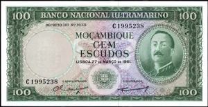 Mozambique, P109a, 100 Escudos, 27 de MARCO de 1961, with wm, sign. Teixeira/Machado