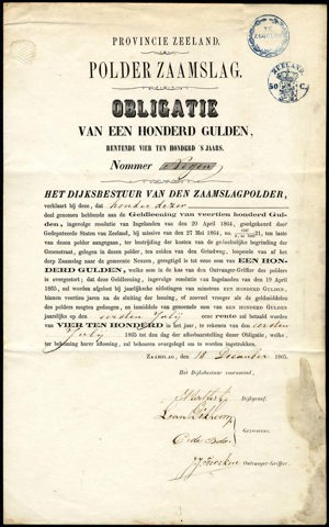 Zaamslag polder, Obligatie, 100 Gulden, 15 December 1865