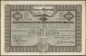 Koninkrijk der Nederlanden, 3-3½% Lening 1938, Obligatie serie D, 100 Gulden, 16 februari 1938