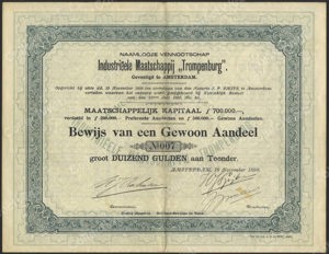 Industriëele Maatschappij Trompenburg N.V. (Spijker), Bewijs van Gewoon Aandeel, 1000 Gulden, 1898