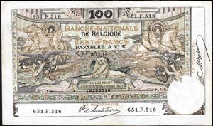 Belgium, P78, B532c, Morin 54a, 100 Francs, 3.11.14, w/o embossed design in border