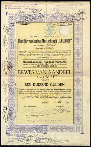 Bedrijfsverzekering-Maatschappij "Lucrum" voorheen "Arona" N.V., Bewijs van aandeel, serie B, 1000 Gulden, 2 May 1912