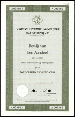 Dortsche Petroleum-Industrie Maatschappij N.V., Bewijs van een aandeel, 2.50 Gulden, 15 September 1989