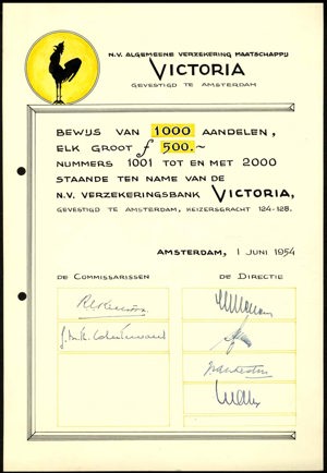 Algemeene Verzekering Maatschappij Victoria N.V., Bewijs van 1000 aandelen, 500,000 Gulden, 1 June 1954