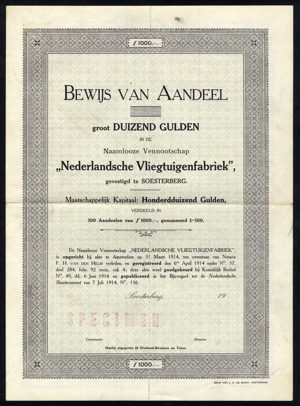 Nederlandsche Vliegtuigenfabriek N.V., Bewijs van aandeel, 1000 Gulden, 1914