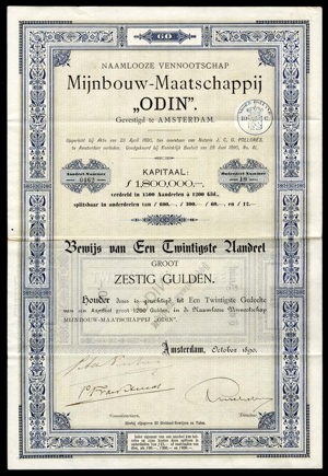 Mijnbouw-Maatschappij "Odin" N.V., Bewijs van een twintigste aandeel, 60 Gulden, October 1890
