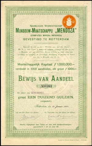 Mijnbouw-Maatschappij "Mendoza" N.V., Bewijs van aandeel, 1000 Gulden, 31 January 1914