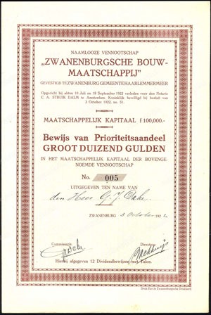 Nederland, Zwanenburgsche Bouw-Maatschappij NV, Bewijs van prioriteitsaandeel, 1000 Gulden, 3 October 1922