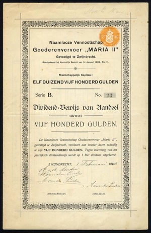 Goederenvervoer "Maria II" N.V., Dividend-bewijs van aandeel, serie B, 500 Gulden, 1 February 1908