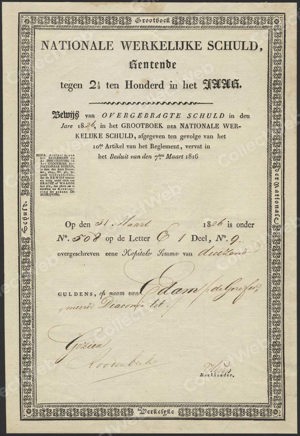 Koninkrijk der Nederlanden, Bewijs van Overgebragte Schuld in het 2½% Grootboek der Nationale Werkelijke Schuld, 1000 Guldens, 31 Maart 1826