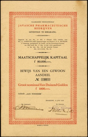 Javasche Pharmaceutische Bedrijven NV, Bewijs van een gewoon aandeel, 1000 Gulden, 19 Juli 1929
