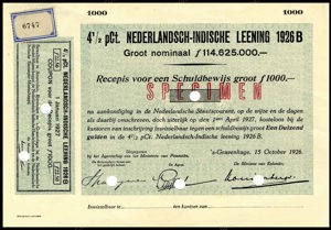 Nederlandsch-Indie, 4,5% lening 1926B, Recepis voor een schuldbewijs, 1000 Gulden, 15 October 1926, SPECIMEN