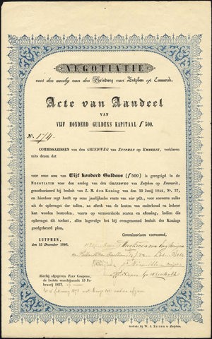 Den Grindweg van Zutphen op Emmerik, Acte van aandeel, 500 Gulden, 15 December 1846