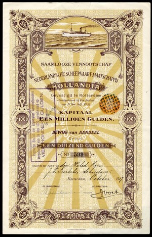 Nederlandsche Scheepvaart-Maatschappij "Hollandia" N.V., Bewijs van aandeel, 1000 Gulden, 1917