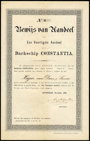 Barkschip Constantina, Bewijs van aandeel, 1/40 part, November 1883