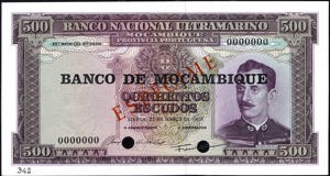 Mozambique, P118s, B203as1, 500 Escudos, 22 de MARCO de 1967, SPECIMEN