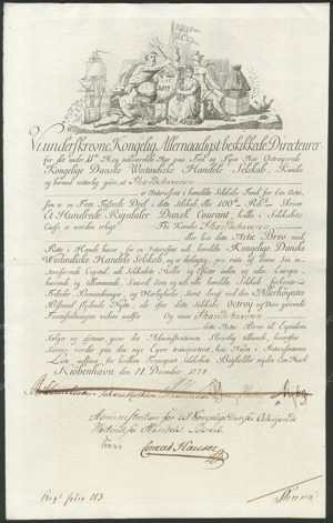 Denmark, Kongelige Danske Westindiske Handels Selskab, Actie, 100 Rigsdaler, 11 December 1778