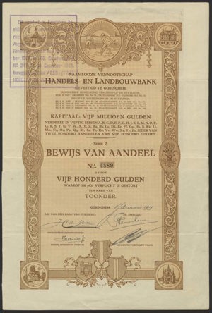 Handels- en Landbouwbank N.V., Bewijs van aandeel, Serie Z, 500 Gulden, 1 Januari 1919