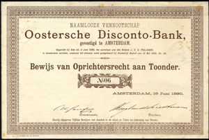 Oostersche Disconto-Bank N.V., Bewijs van oprichtersrecht aan toonder, 16 June 1890