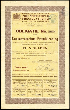 Zuid-Nederlandsch Conservatorium, Obligatie 10 Gulden, 20 September 1923