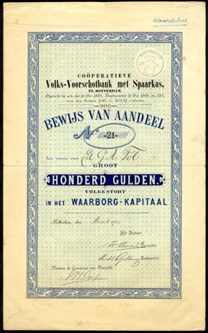 Coöperatieve Volks-Voorschotbank met Spaarkas, Bewijs van aandeel, 100 Gulden, March 1901