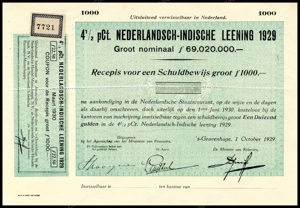 Nederlandsch-Indie, 4,5% lening 1929, Recepis voor een schuldbewijs, 1000 Gulden, 1 October 1929, PROOF